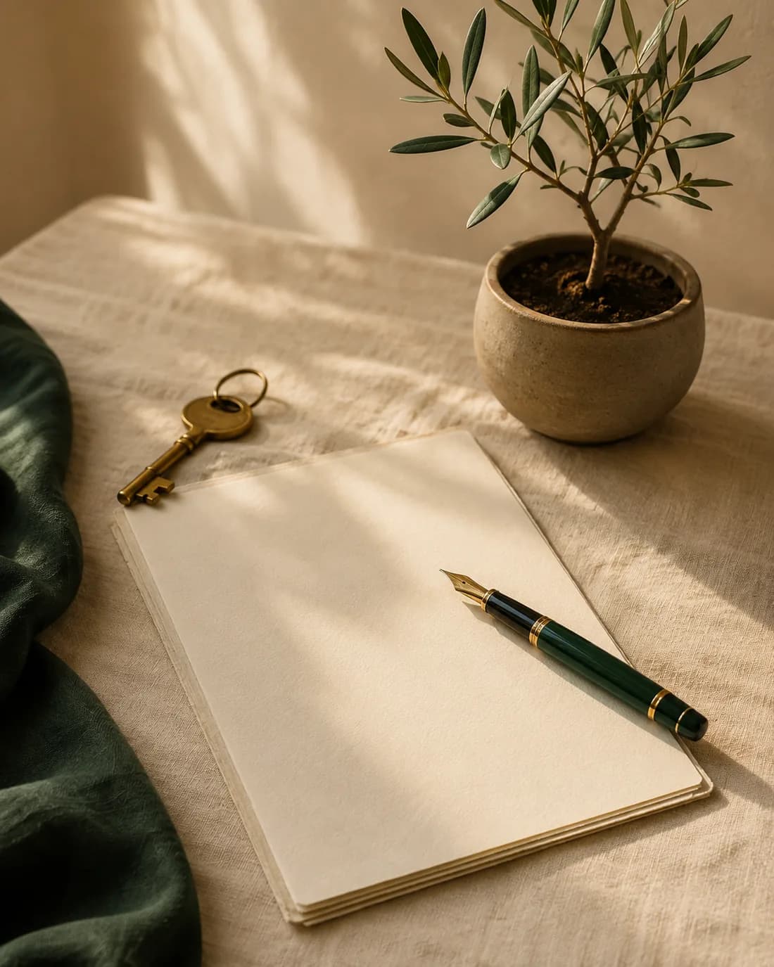 A paper agreement with a fountain pen resting on it, a brass house key and a small potted olive seedling on cream linen