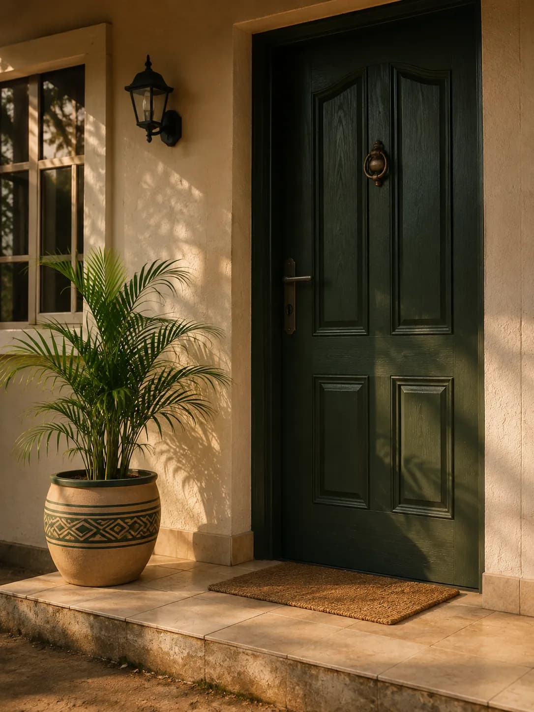 The front door of a modest Nigerian home with a potted plant beside it and afternoon light across the threshold
