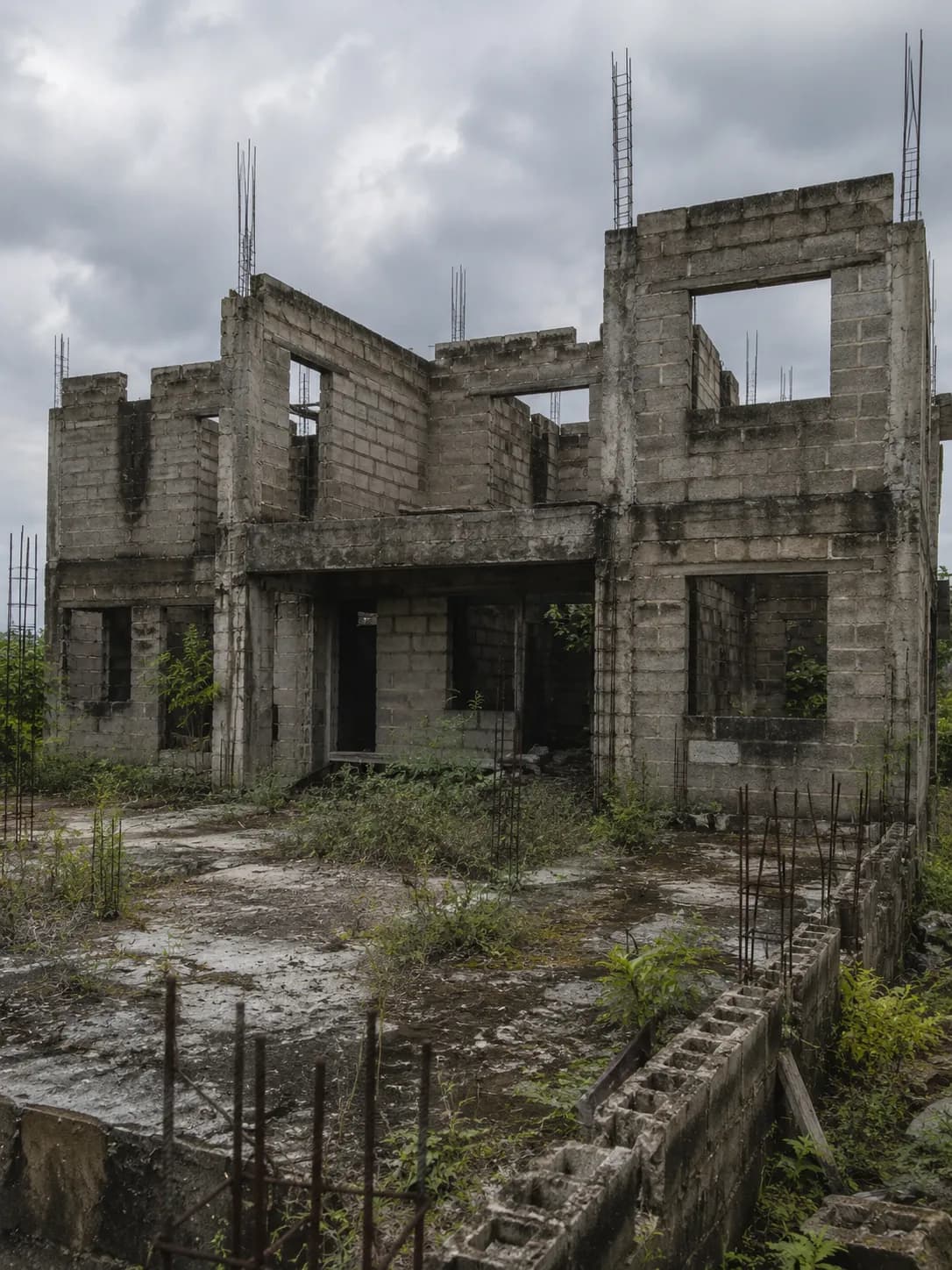 A half-built Nigerian house abandoned mid-construction, exposed blockwork and rebar with weeds growing through