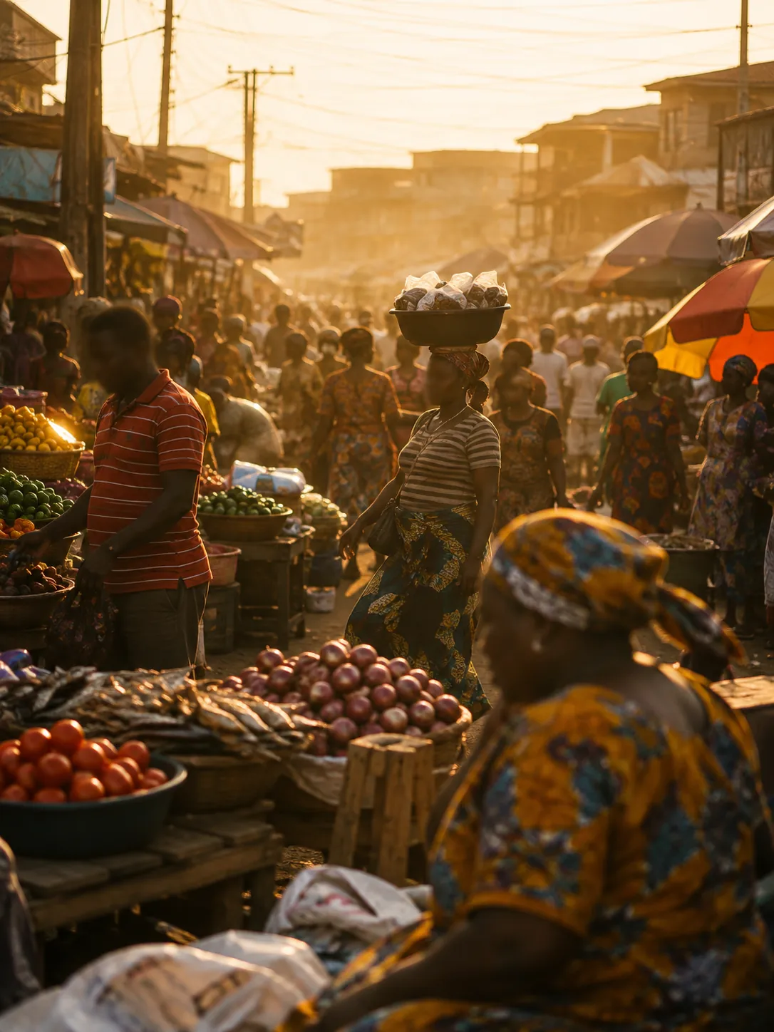 A busy Nigerian street market at golden hour, traders and colourful goods in warm dusty light