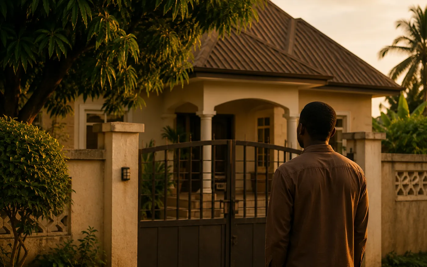 A person standing at the gate of a modest Nigerian house, seen from behind, looking up at it in golden light