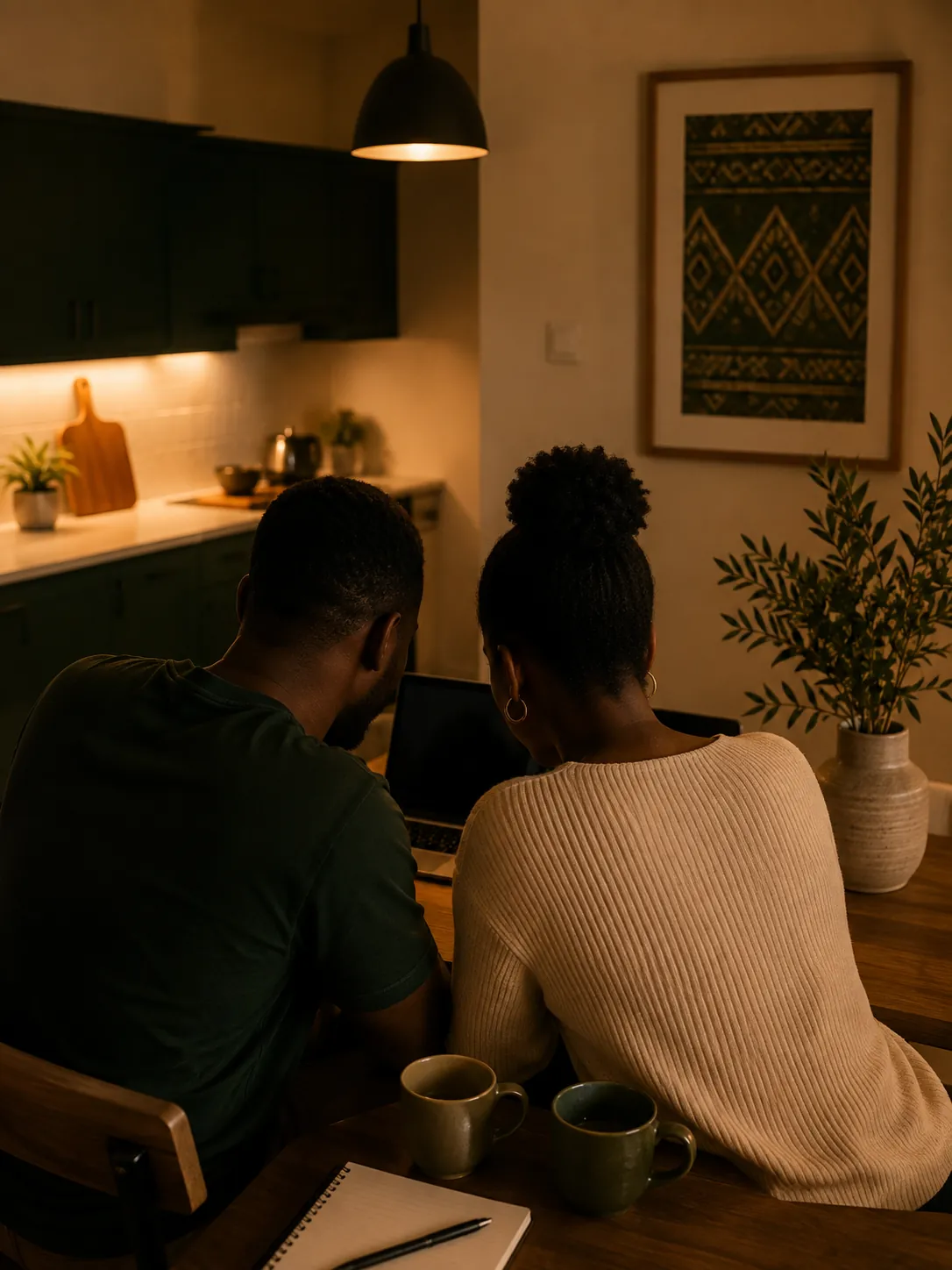A couple seen from behind at a kitchen table in the evening, a laptop and two mugs in front of them