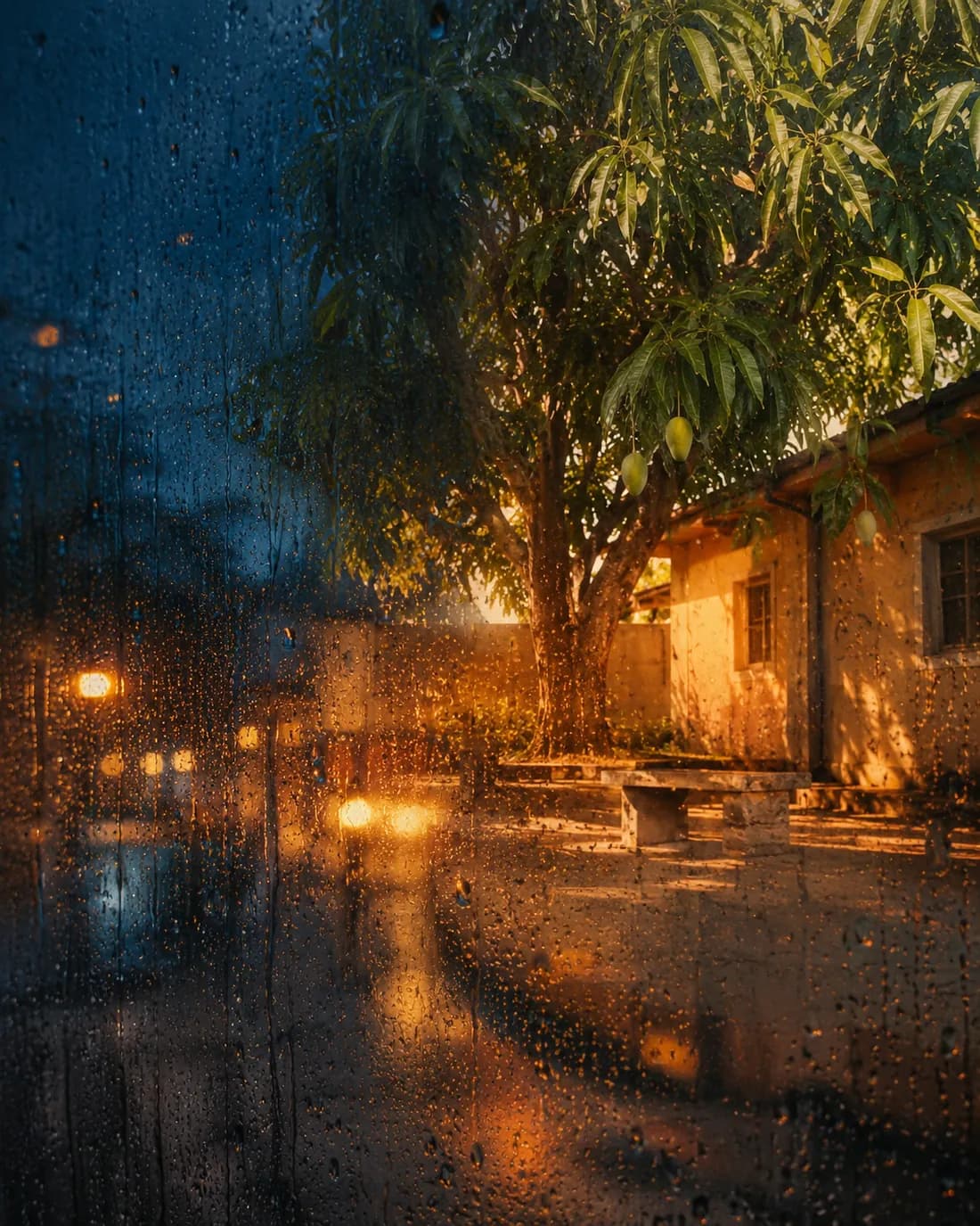 A rain-streaked window in a northern city at night, a warm sunlit Nigerian courtyard visible through it