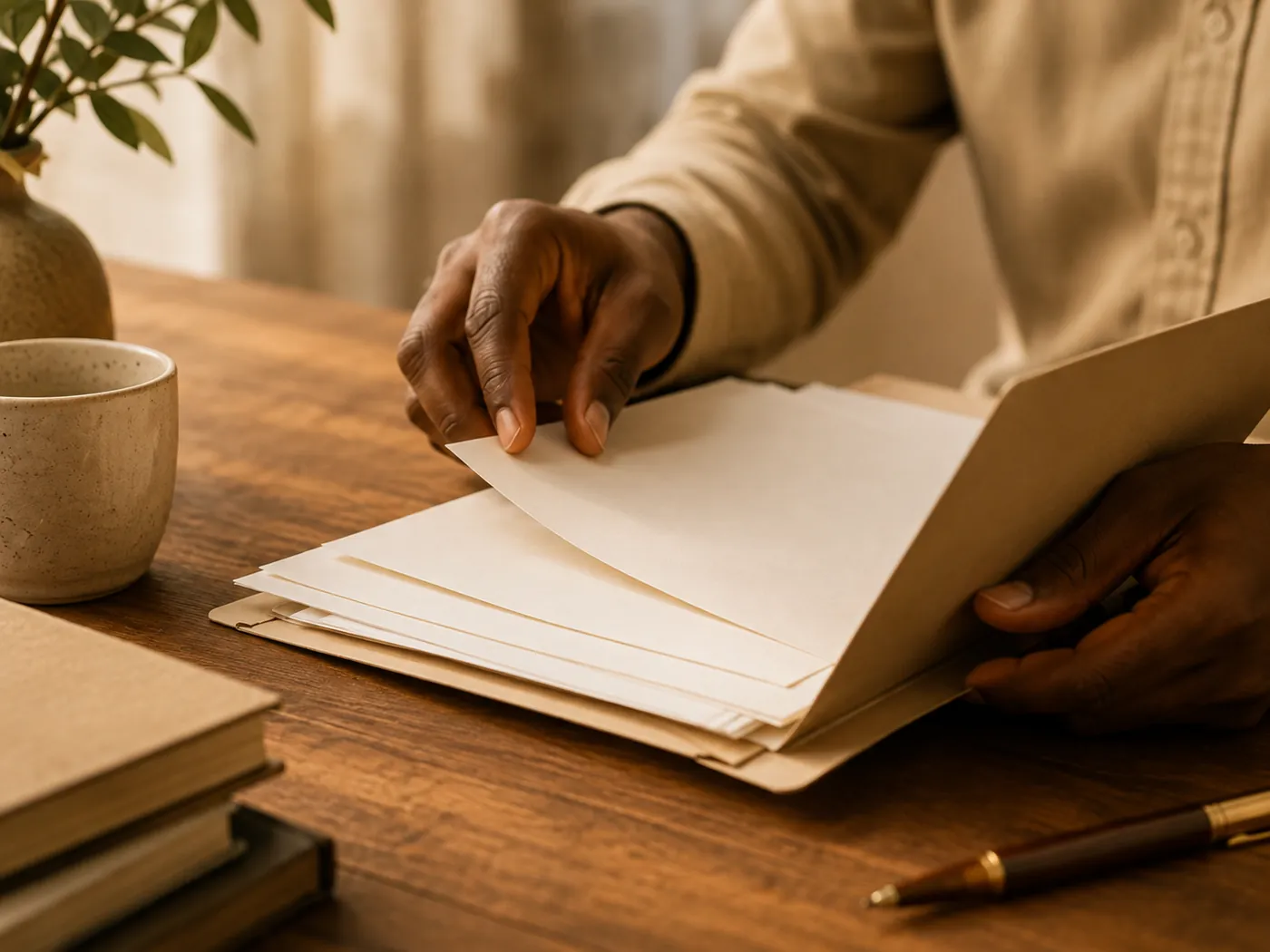 Hands carefully organising paper documents into a folder on a warm wooden table