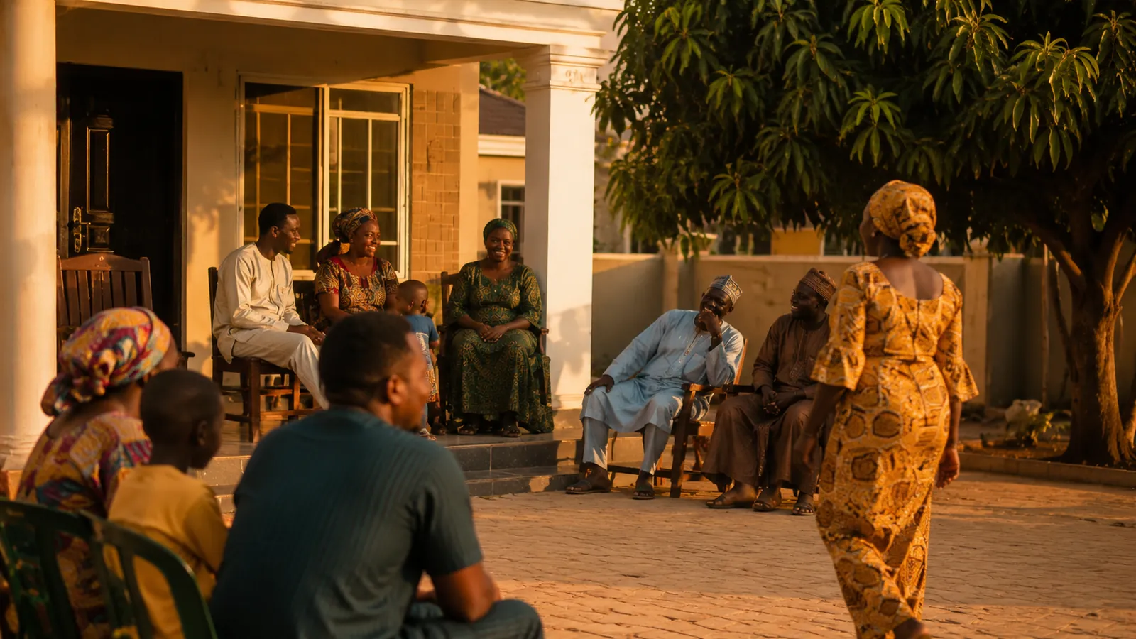 An extended Nigerian family gathered on the veranda of a newly finished home at golden hour