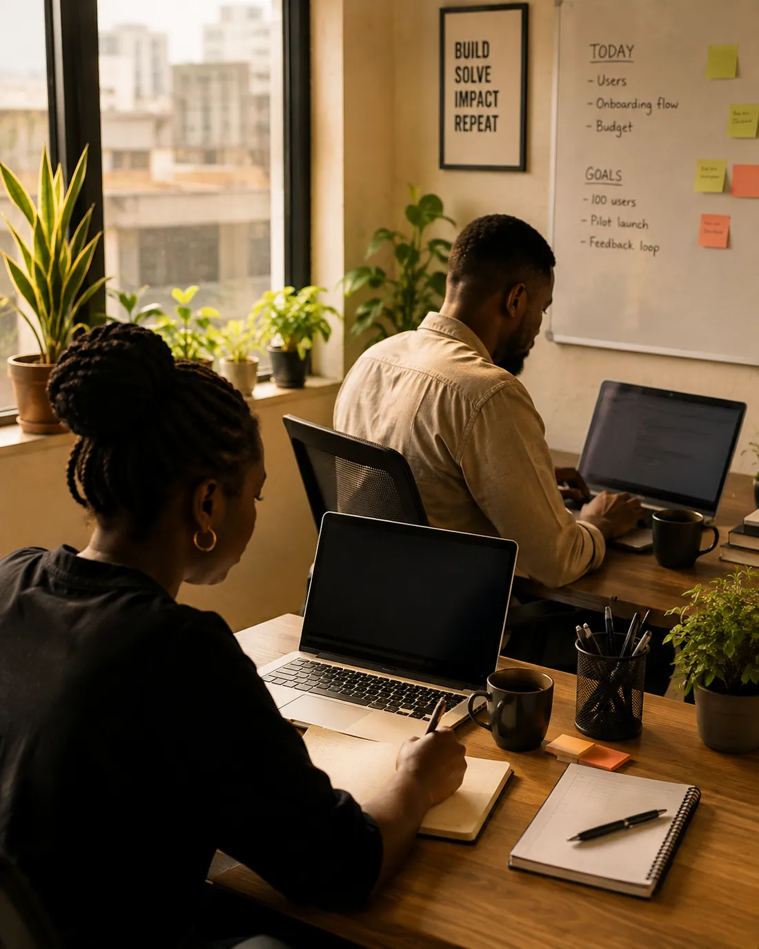 Two people working together at a shared desk in a bright, modest Lagos office